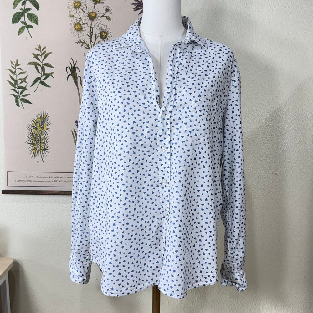 Frank & Eileen White Blue Heart Print Cotton Oversized EILEEN Button Up Shirt M